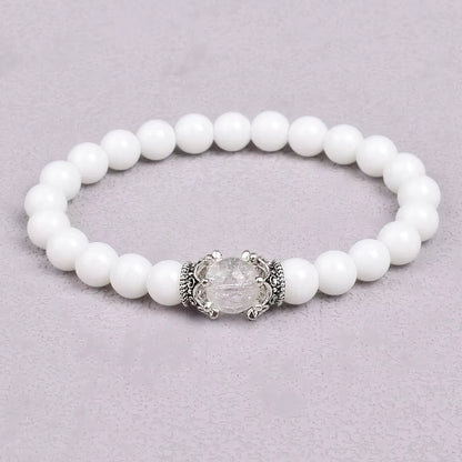 White Stone Beaded Bracelet 8mm with Crown Charm Unisex Elastic