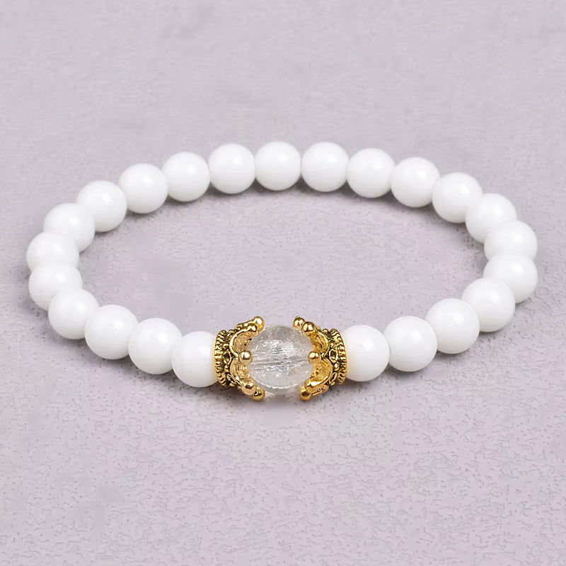 White Stone Beaded Bracelet 8mm with Crown Charm Unisex Elastic