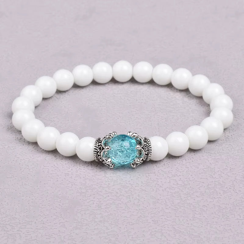 White Stone Beaded Bracelet 8mm with Crown Charm Unisex Elastic