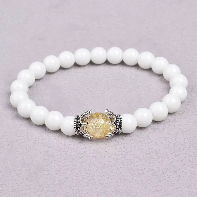 White Stone Beaded Bracelet 8mm with Crown Charm Unisex Elastic
