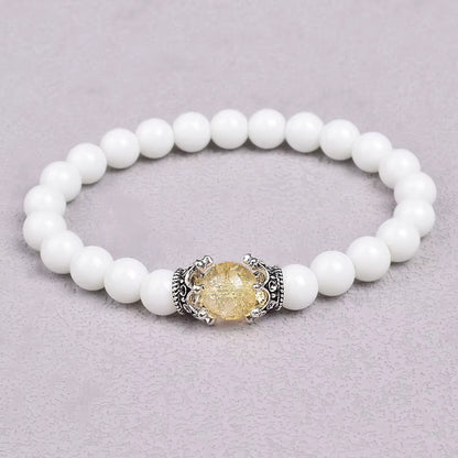 White Stone Beaded Bracelet 8mm with Crown Charm Unisex Elastic