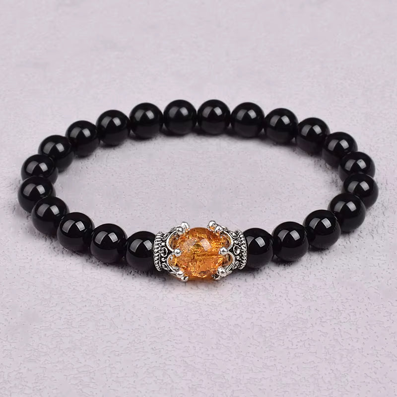 White Stone Beaded Bracelet 8mm with Crown Charm Unisex Elastic