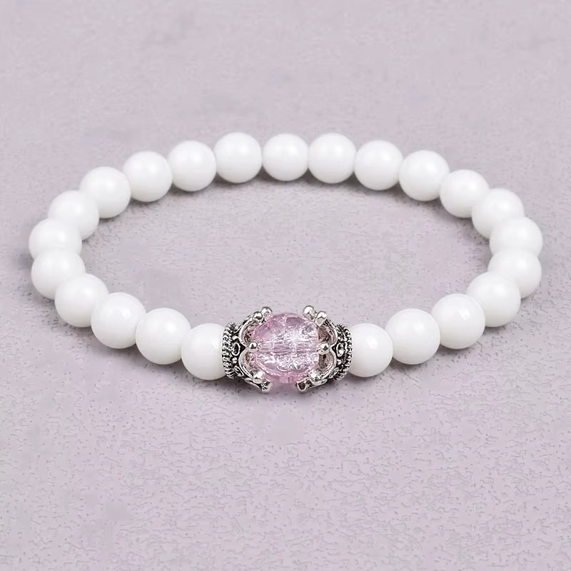 White Stone Beaded Bracelet 8mm with Crown Charm Unisex Elastic
