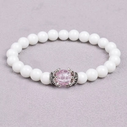 White Stone Beaded Bracelet 8mm with Crown Charm Unisex Elastic