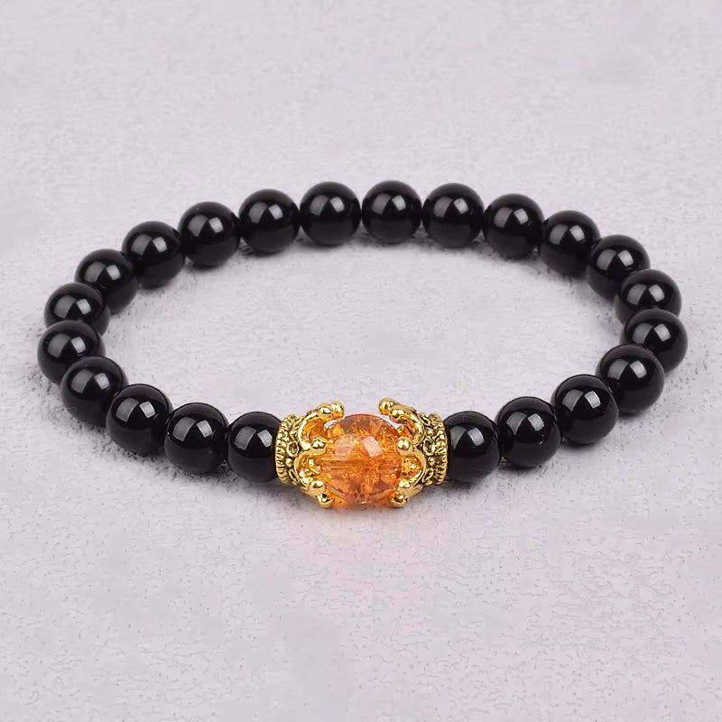 White Stone Beaded Bracelet 8mm with Crown Charm Unisex Elastic