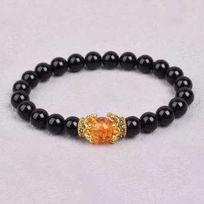 White Stone Beaded Bracelet 8mm with Crown Charm Unisex Elastic