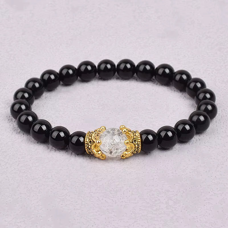 White Stone Beaded Bracelet 8mm with Crown Charm Unisex Elastic