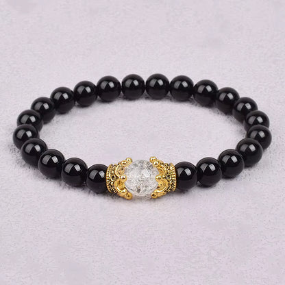 White Stone Beaded Bracelet 8mm with Crown Charm Unisex Elastic