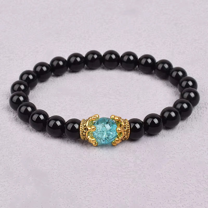 White Stone Beaded Bracelet 8mm with Crown Charm Unisex Elastic