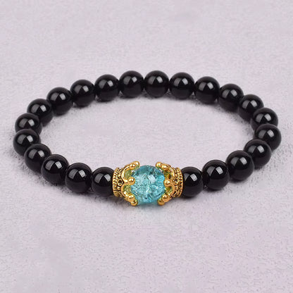 White Stone Beaded Bracelet 8mm with Crown Charm Unisex Elastic