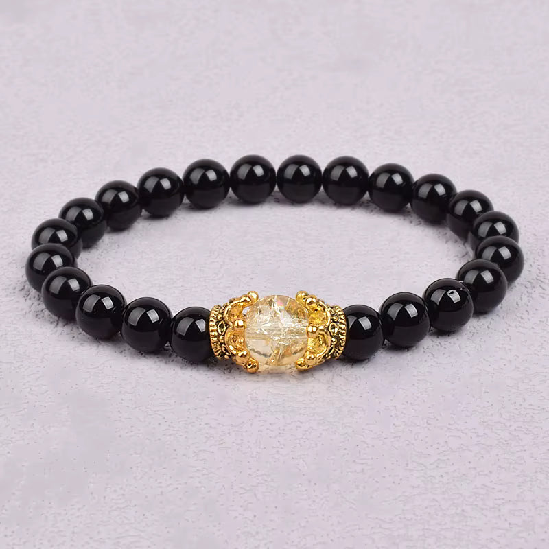 White Stone Beaded Bracelet 8mm with Crown Charm Unisex Elastic