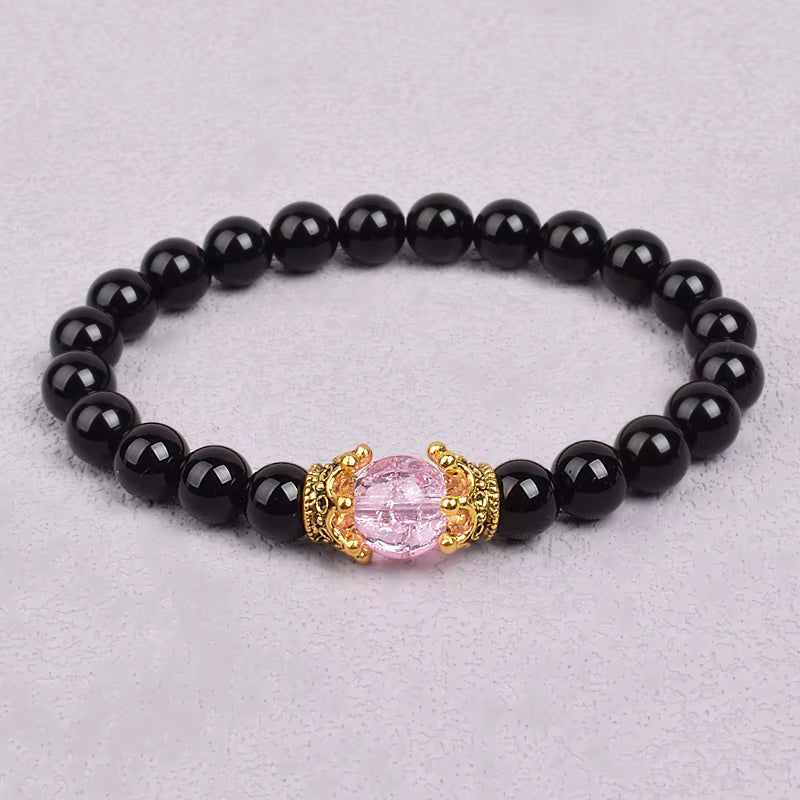 White Stone Beaded Bracelet 8mm with Crown Charm Unisex Elastic