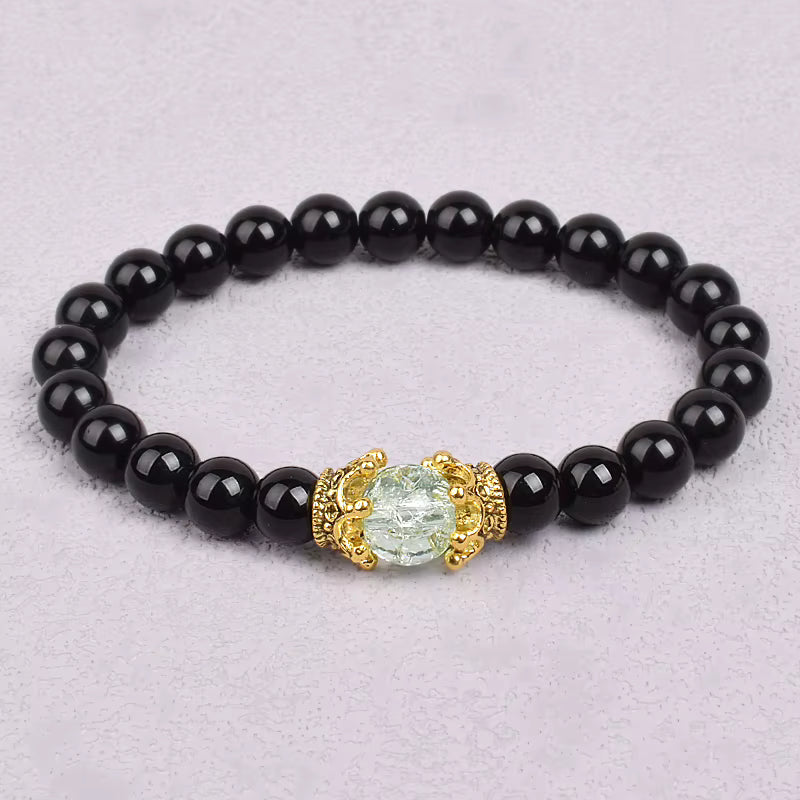 White Stone Beaded Bracelet 8mm with Crown Charm Unisex Elastic