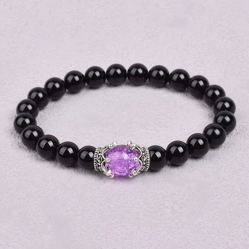 White Stone Beaded Bracelet 8mm with Crown Charm Unisex Elastic