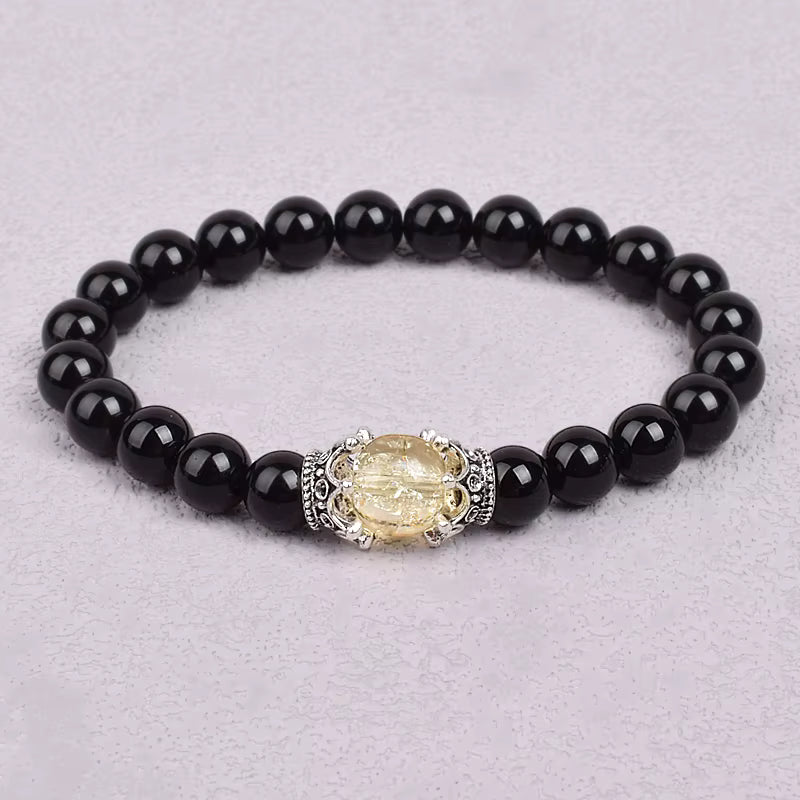 White Stone Beaded Bracelet 8mm with Crown Charm Unisex Elastic