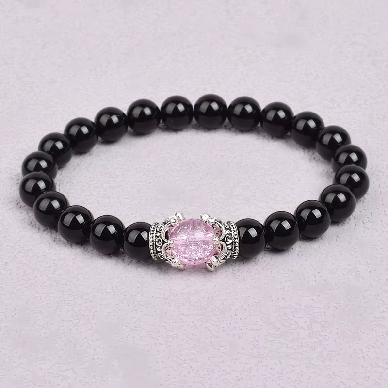 White Stone Beaded Bracelet 8mm with Crown Charm Unisex Elastic