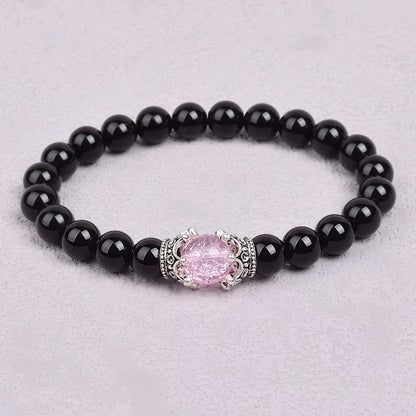 White Stone Beaded Bracelet 8mm with Crown Charm Unisex Elastic