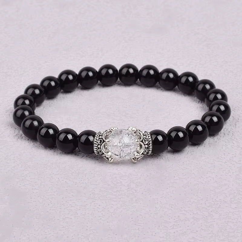 White Stone Beaded Bracelet 8mm with Crown Charm Unisex Elastic
