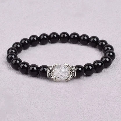White Stone Beaded Bracelet 8mm with Crown Charm Unisex Elastic