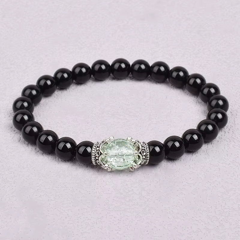 White Stone Beaded Bracelet 8mm with Crown Charm Unisex Elastic