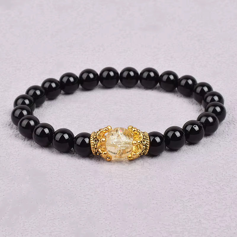 White Stone Beaded Bracelet 8mm with Crown Charm Unisex Elastic
