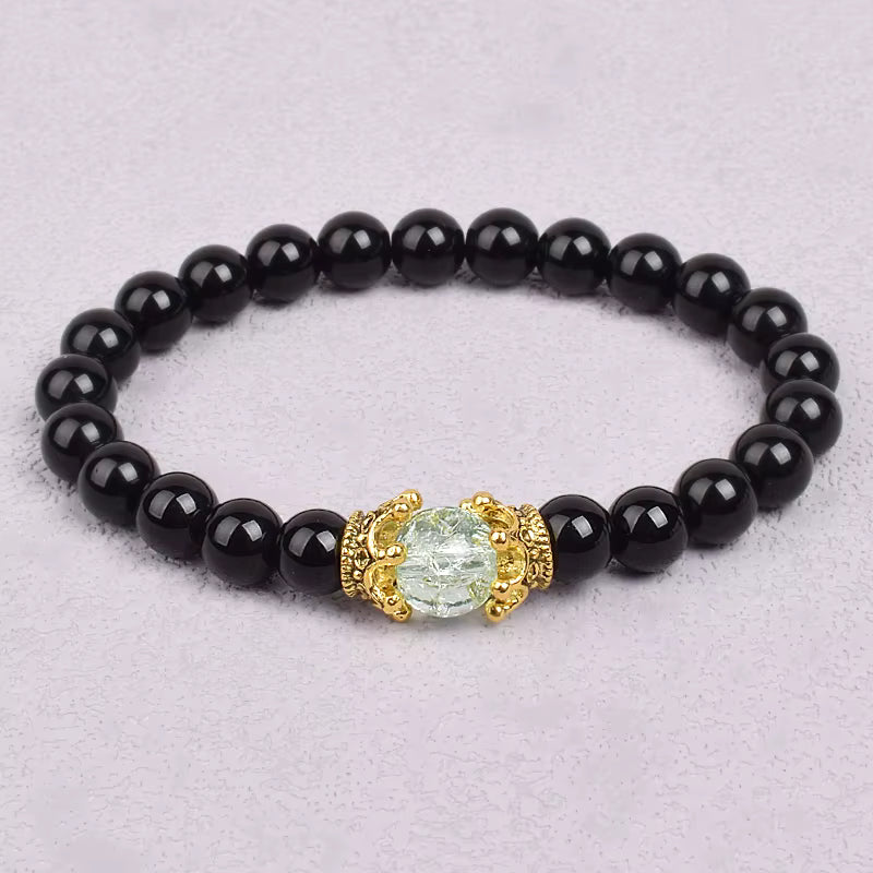 White Stone Beaded Bracelet 8mm with Crown Charm Unisex Elastic
