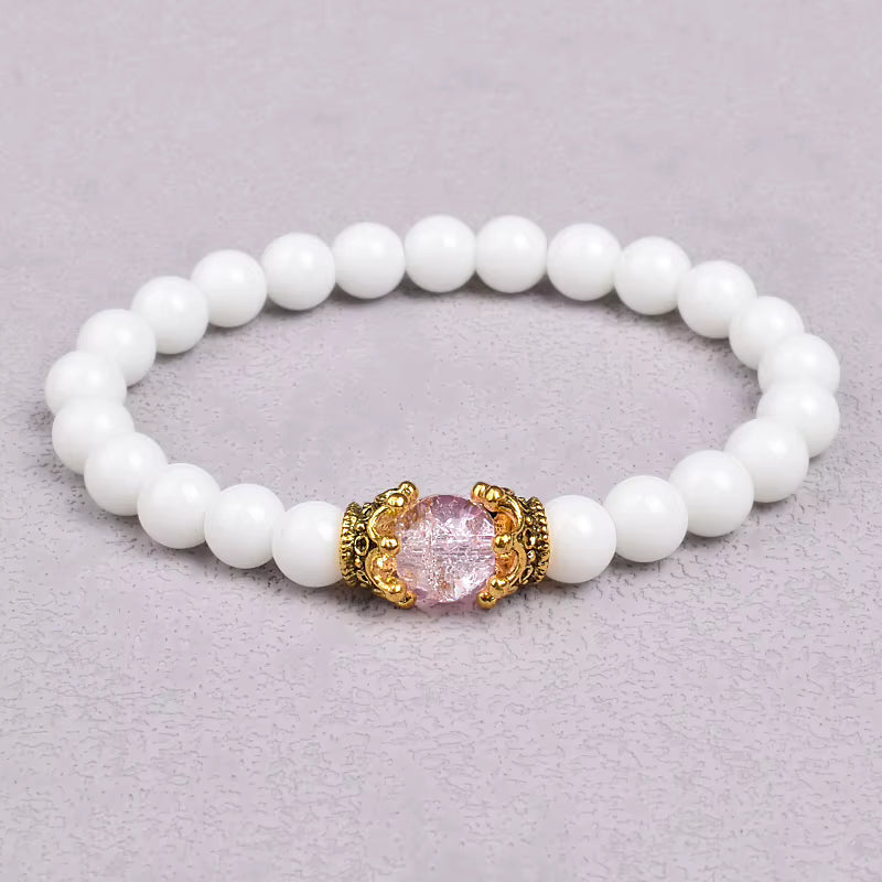 White Stone Beaded Bracelet 8mm with Crown Charm Unisex Elastic