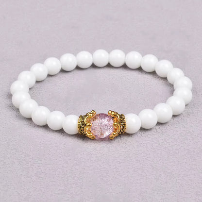 White Stone Beaded Bracelet 8mm with Crown Charm Unisex Elastic