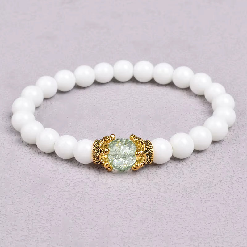 White Stone Beaded Bracelet 8mm with Crown Charm Unisex Elastic