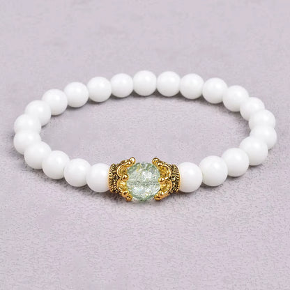 White Stone Beaded Bracelet 8mm with Crown Charm Unisex Elastic