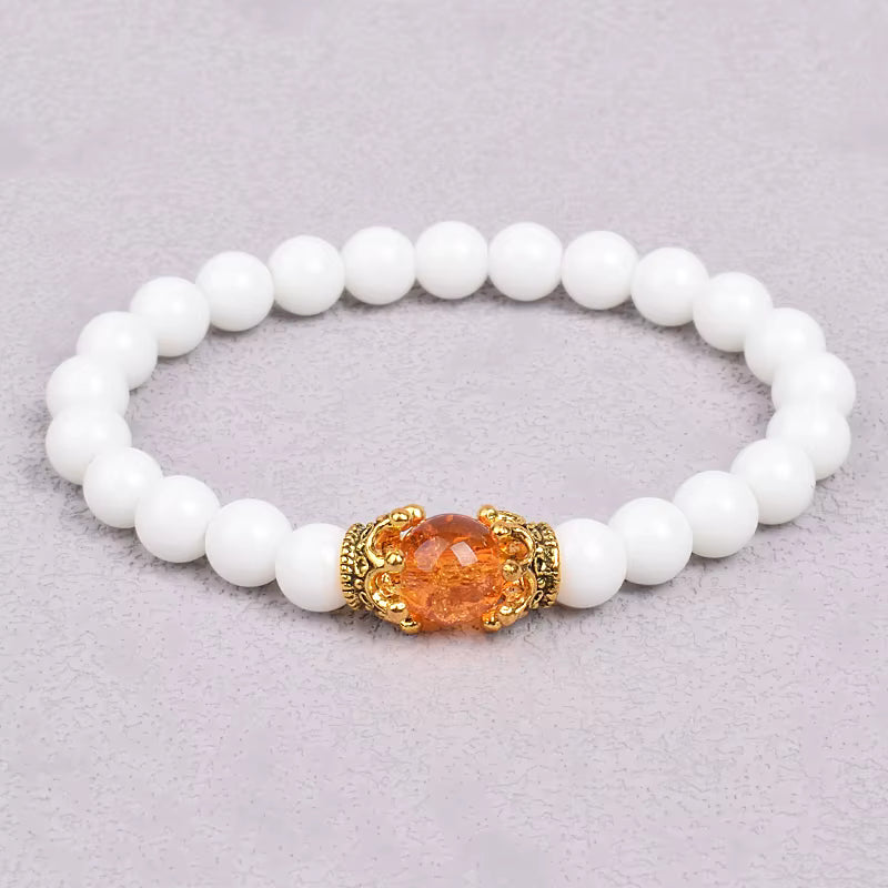 White Stone Beaded Bracelet 8mm with Crown Charm Unisex Elastic