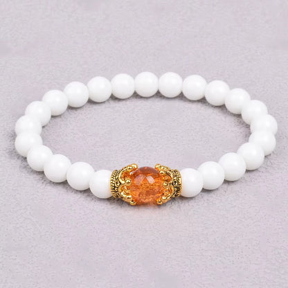 White Stone Beaded Bracelet 8mm with Crown Charm Unisex Elastic