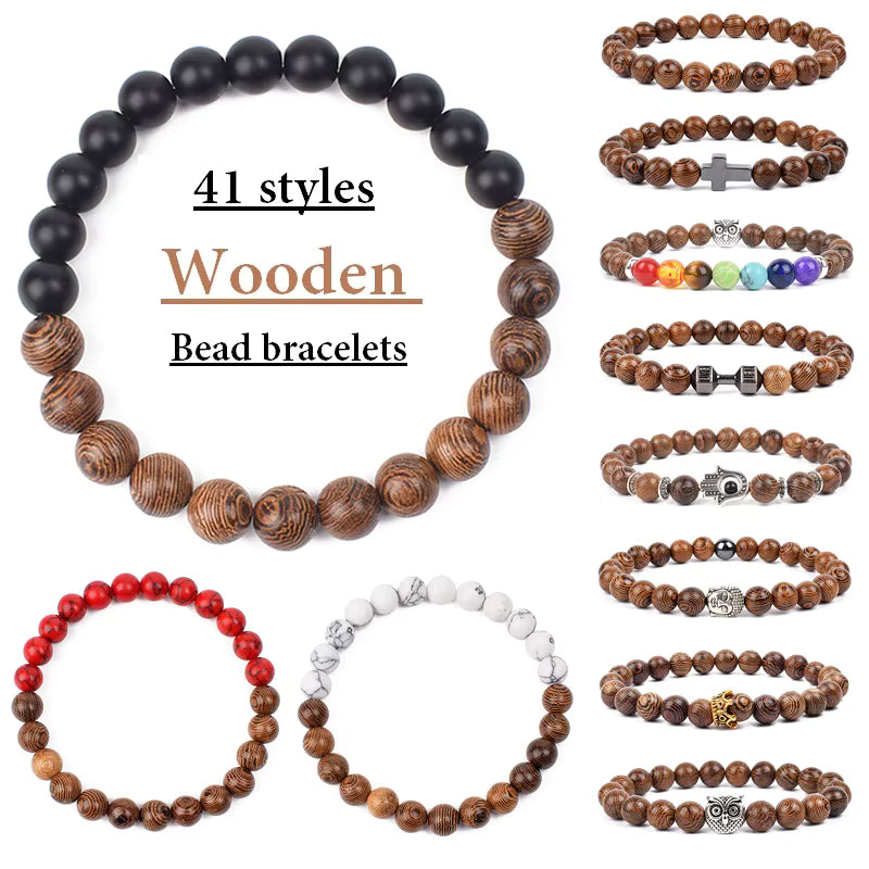 Wooden Bead Bracelet Men's Natural Turquoise Owl Accent Adjustable