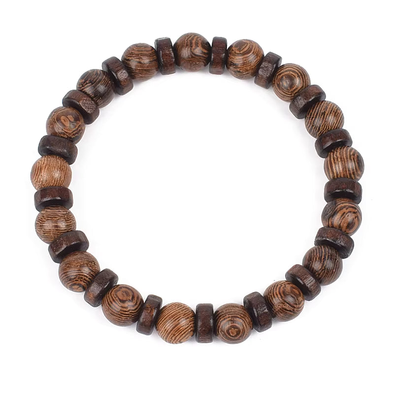 Wooden Bead Bracelet Men's Natural Turquoise Owl Accent Adjustable