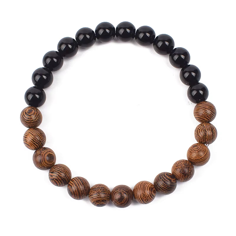 Wooden Bead Bracelet Men's Natural Turquoise Owl Accent Adjustable