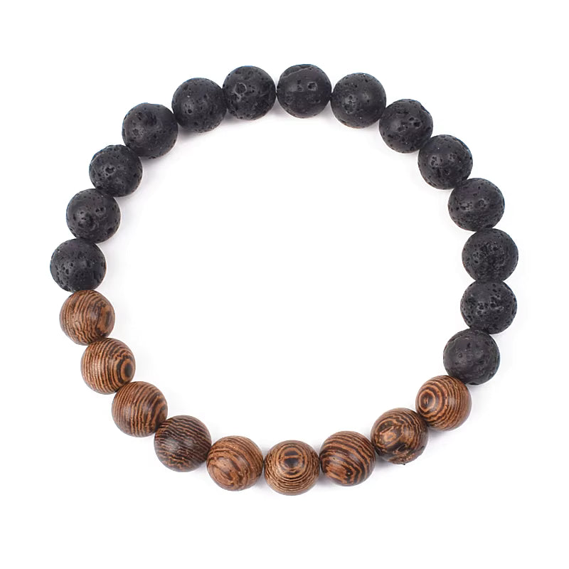 Wooden Bead Bracelet Men's Natural Turquoise Owl Accent Adjustable