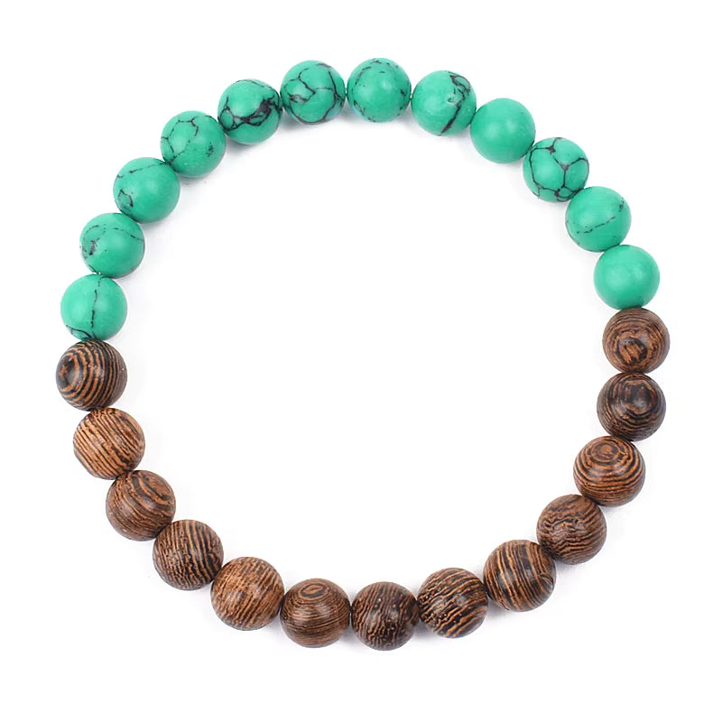 Wooden Bead Bracelet Men's Natural Turquoise Owl Accent Adjustable