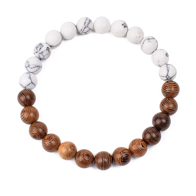 Wooden Bead Bracelet Men's Natural Turquoise Owl Accent Adjustable
