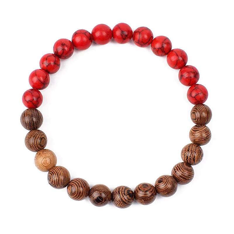 Wooden Bead Bracelet Men's Natural Turquoise Owl Accent Adjustable