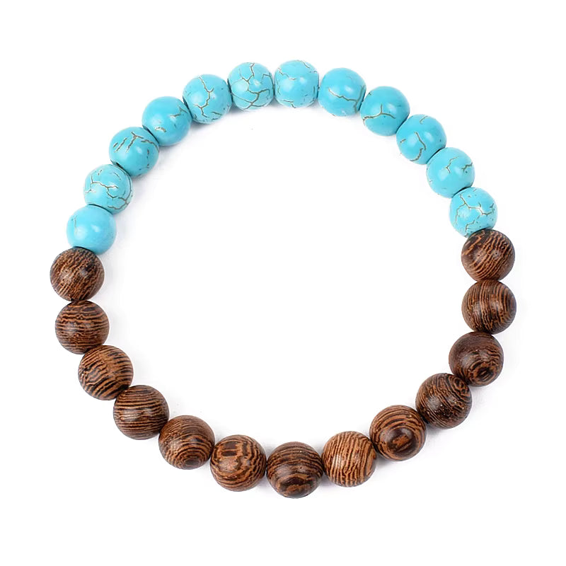 Wooden Bead Bracelet Men's Natural Turquoise Owl Accent Adjustable