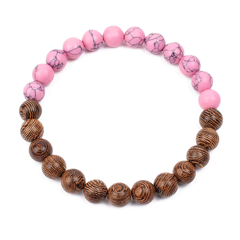 Wooden Bead Bracelet Men's Natural Turquoise Owl Accent Adjustable