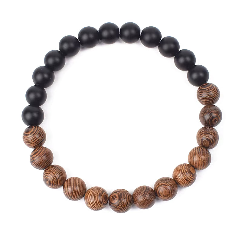 Wooden Bead Bracelet Men's Natural Turquoise Owl Accent Adjustable