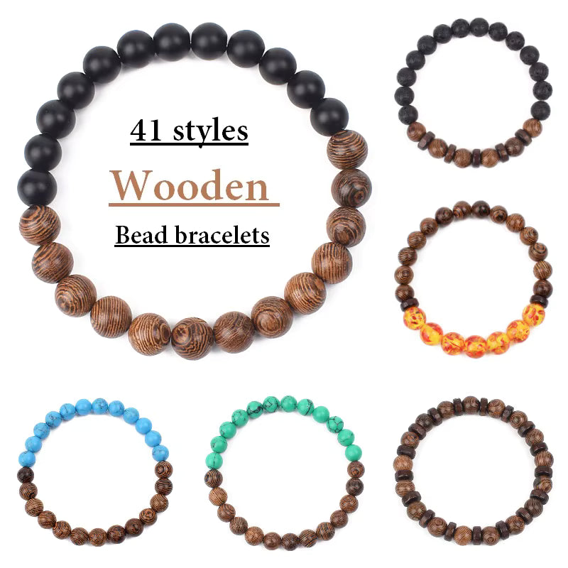 Wooden Bead Bracelet Men's Natural Turquoise Owl Accent Adjustable