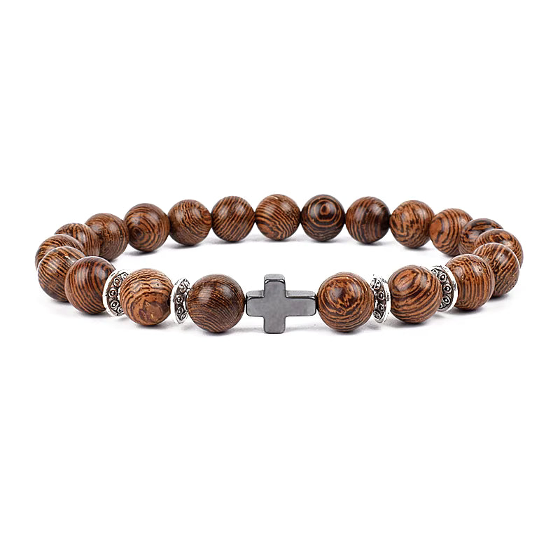 Wooden Bead Bracelet Men's Natural Turquoise Owl Accent Adjustable