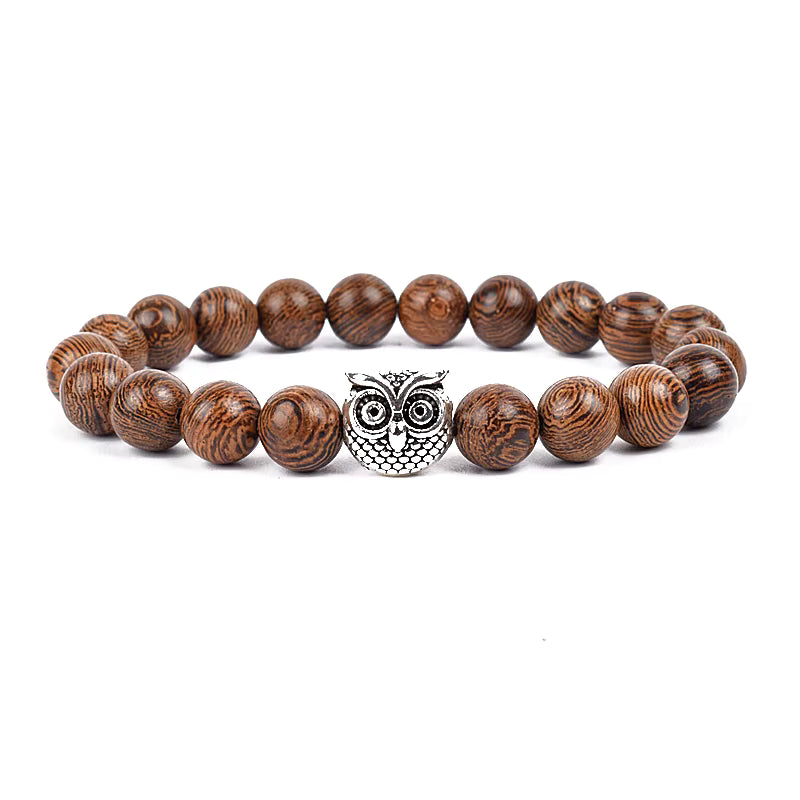 Wooden Bead Bracelet Men's Natural Turquoise Owl Accent Adjustable