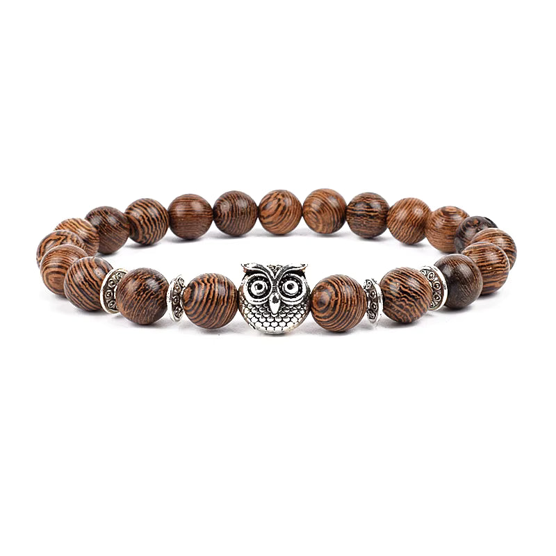Wooden Bead Bracelet Men's Natural Turquoise Owl Accent Adjustable