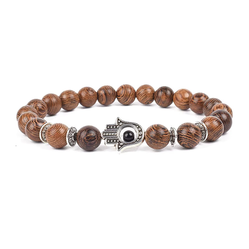 Wooden Bead Bracelet Men's Natural Turquoise Owl Accent Adjustable