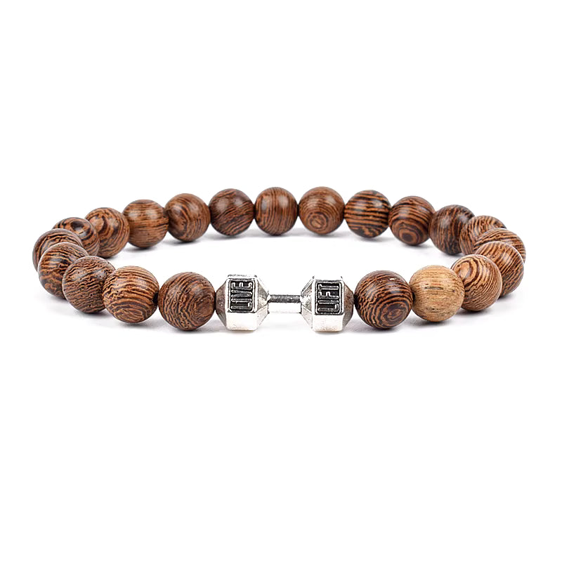 Wooden Bead Bracelet Men's Natural Turquoise Owl Accent Adjustable