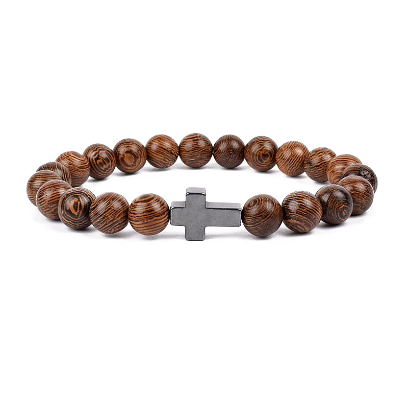 Wooden Bead Bracelet Men's Natural Turquoise Owl Accent Adjustable