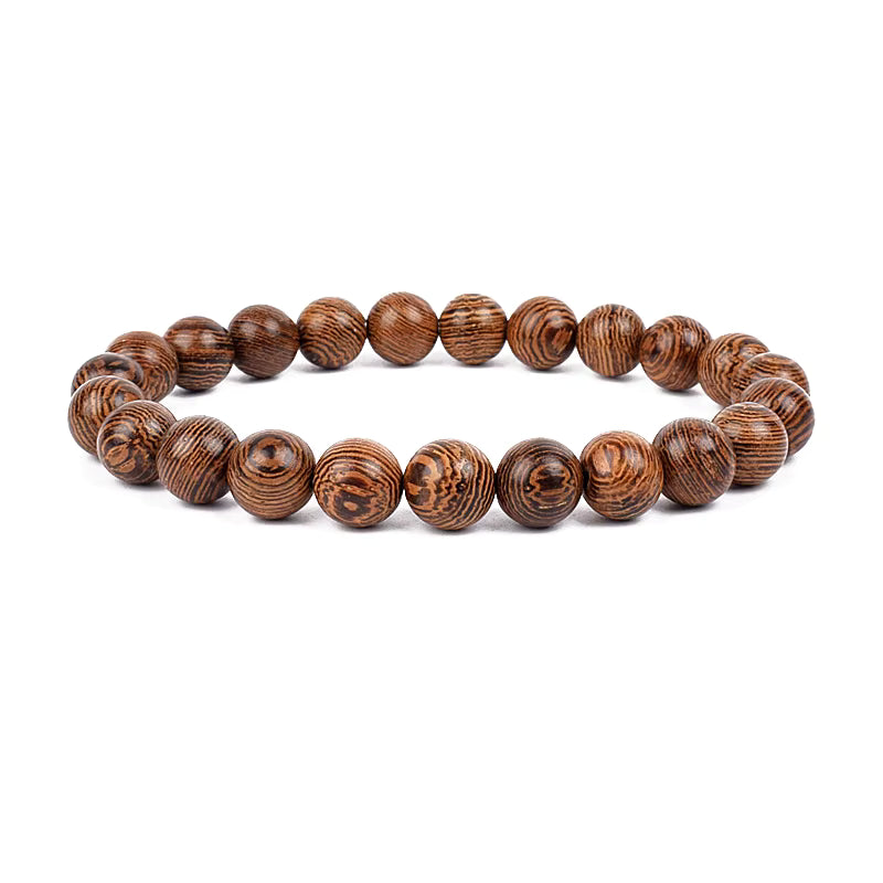 Wooden Bead Bracelet Men's Natural Turquoise Owl Accent Adjustable